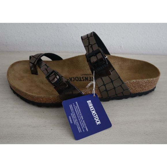 Birkenstock Women Sz 41 US 10-10.5 Gator Gleam Black Single Toe Loop Sandals - Picture 9 of 12